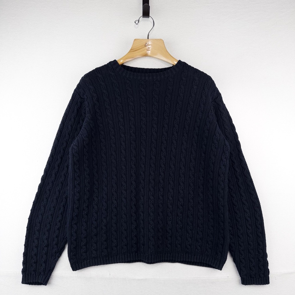 80's Vtg Lands End Sweater Womens L 14-16 Blue Fisherman Cable Knit Pullover USA